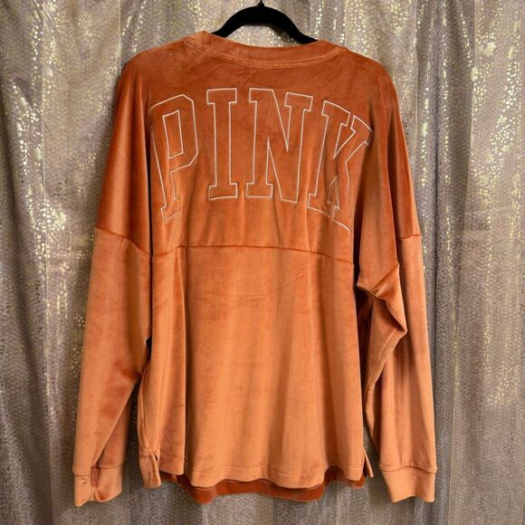 PINK Victorias Secret Cinnamon Spice Velour Orange Varsity Crew Sweater L NWT - Picture 2 of 10